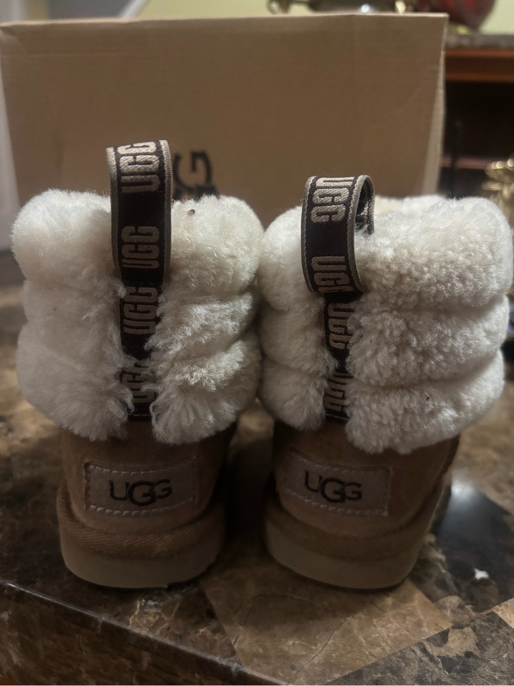 UGG Kids Chestnut Suede Booties with Cream Shearling Cuffs